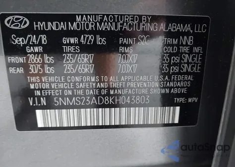 2019 Hyundai Santa Fe Se from USA, damaged, VIN 5NMS23AD8KH043803